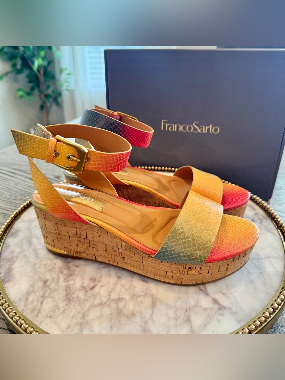 Franco Sarto Rainbow Ombre Cork Wedge Sandals